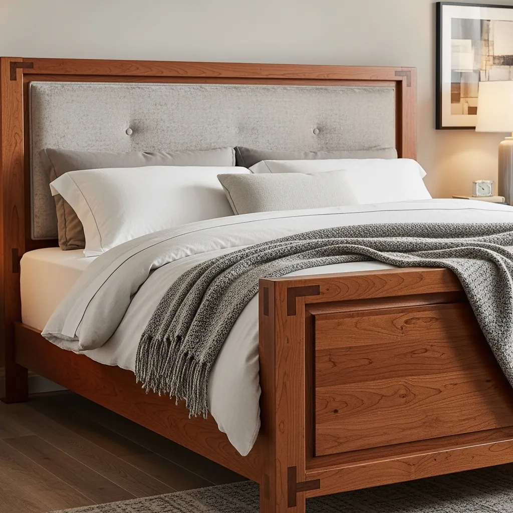 Elegant cherry wood bed frame with mortise and tenon joinery and upholstered headboard